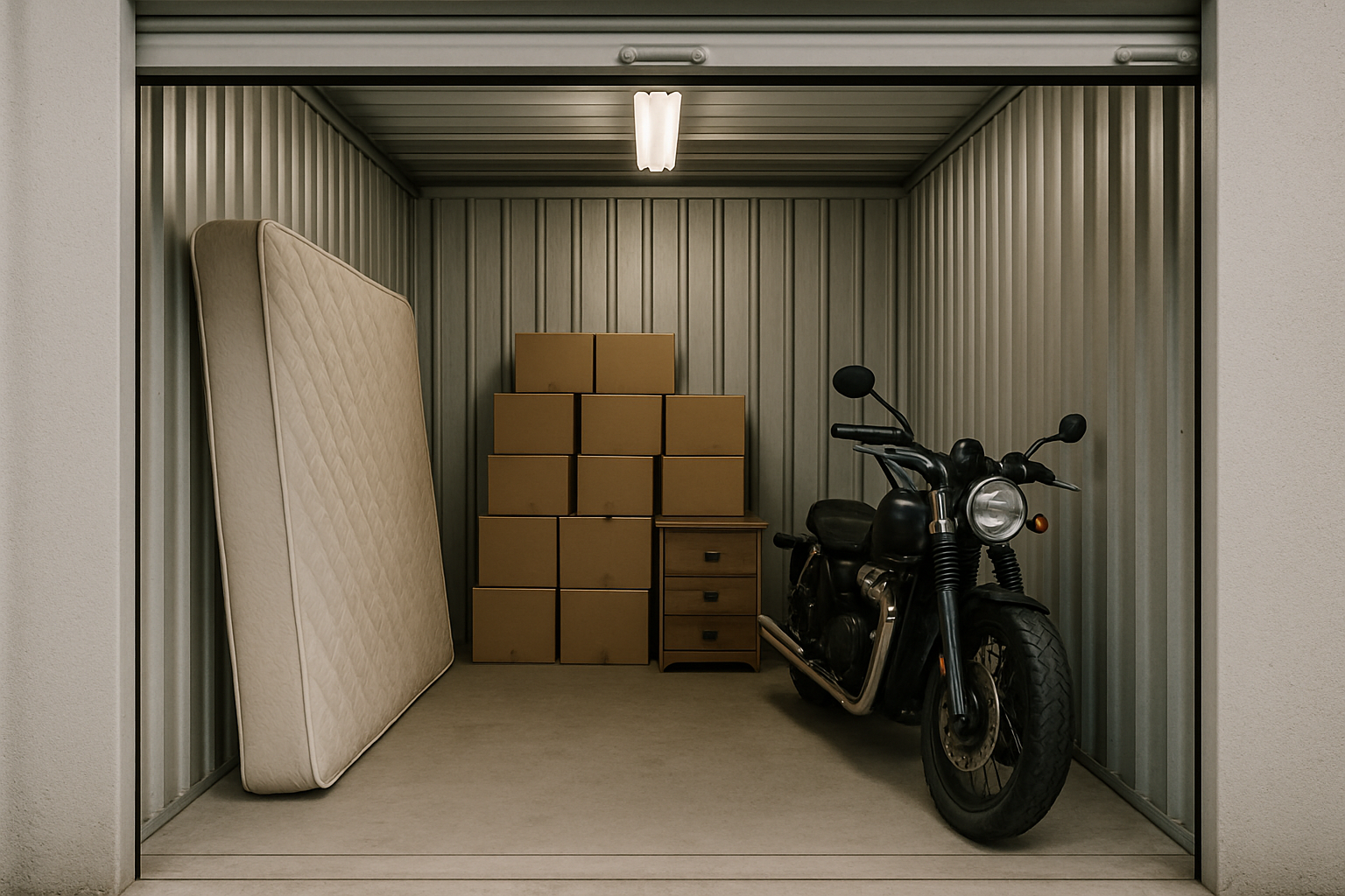 Interior view of a 5x10 storage unit showing the key differentiator: a single motorcycle parked on the right, a king-size mattress leaning against the left wall, and a stack of cardboard boxes against the back wall